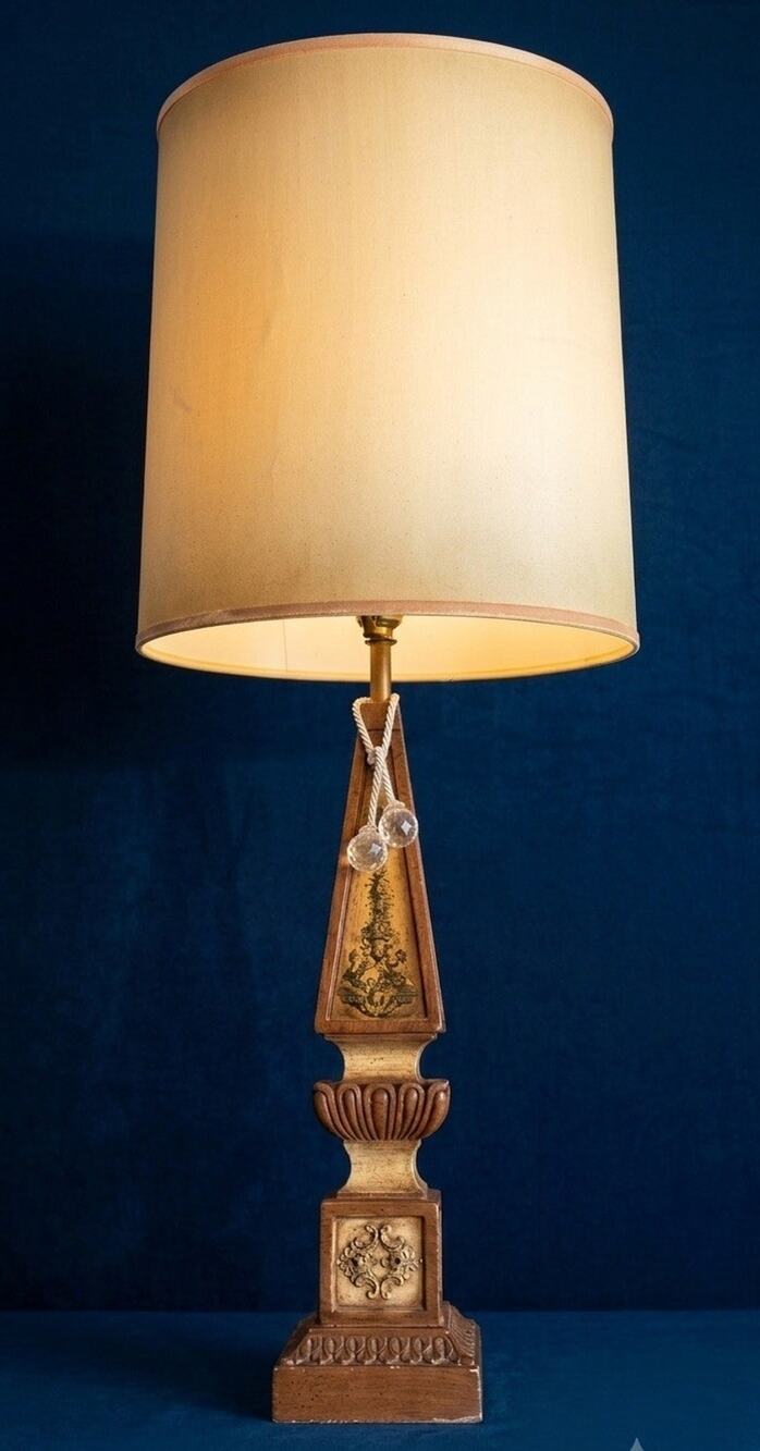 VtG Hollywood Regency Obelisk Lamp Brown Neoclassical Crystal Tassel MCM Urn 30”